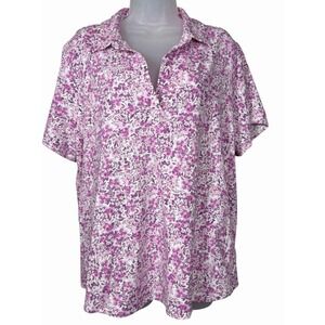 J.Jill FIT Cotton Stretch Floral Polo Shirt Women's 2X Purple Performance